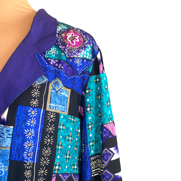 Vintage Petite Blazer Jacket Oversized Patchwork Floral Print Purple Navy Blue - Picture 4 of 10